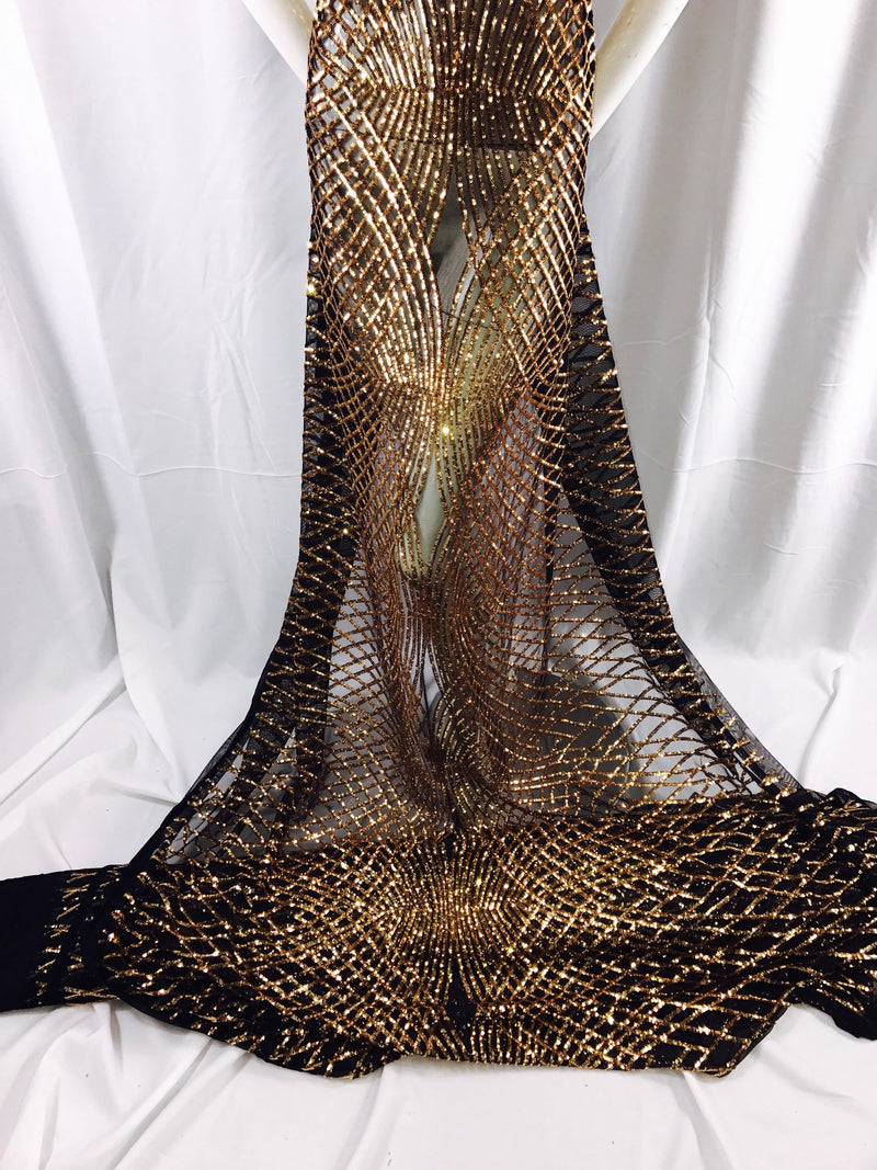 Dk-Gold  venom diamond web-embroider with sequins on a black mesh lace fabric-wedding-bridal-prom-nightgown fabric-dresses-sold by the yard.