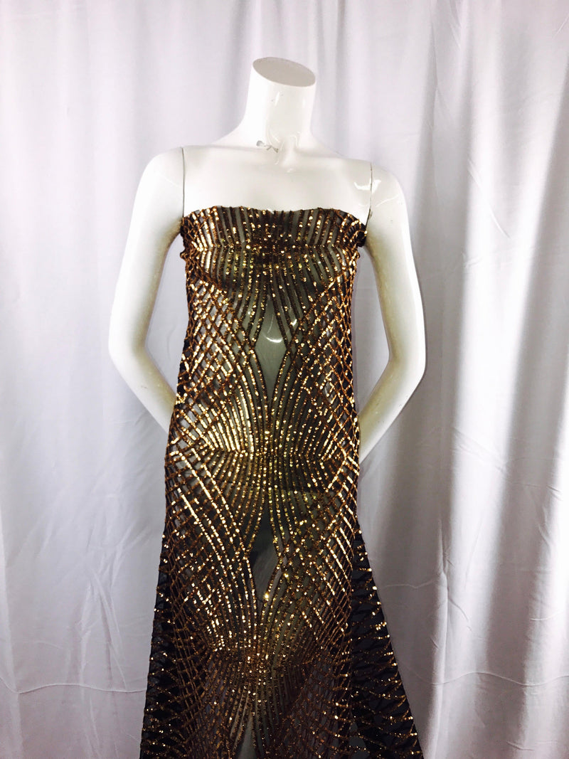 Dk-Gold  venom diamond web-embroider with sequins on a black mesh lace fabric-wedding-bridal-prom-nightgown fabric-dresses-sold by the yard.