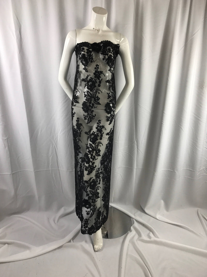 Black floral design embroider and corded on a mesh lace fabric-fashion-decorations-nightgown-prom-apparel-dresses-sold by the yard.