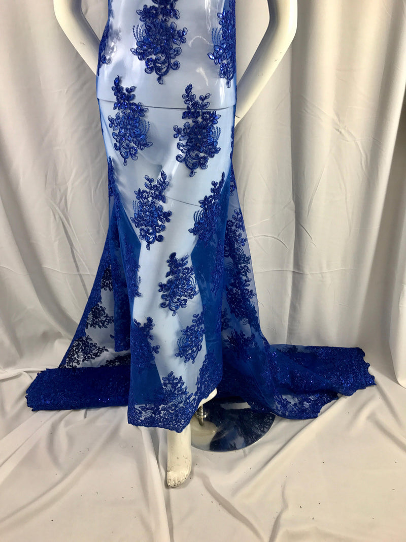 Royal blue flower lace corded and embroider with sequins on a mesh. Wedding/bridal/prom/nightgown fabric-apparel-dresses-Sold by the yard.