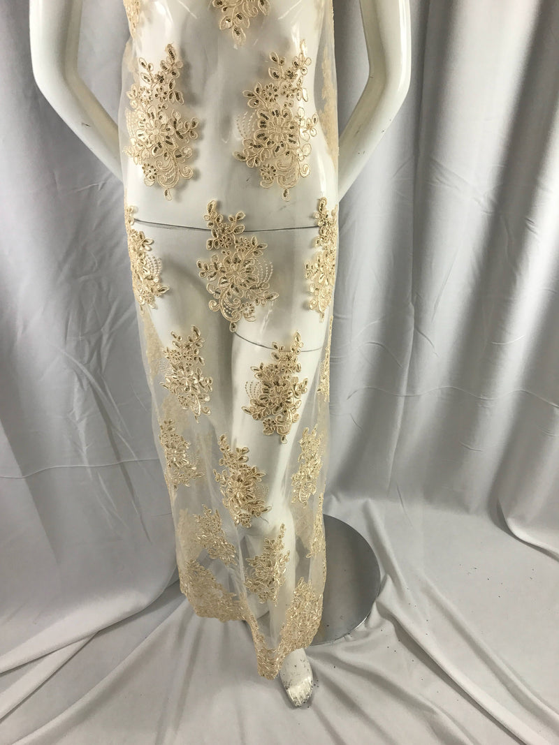 Dark ivory flower lace corded and embroider with sequins on a mesh. Wedding/bridal/prom/nightgown fabric-apparel-dresses-Sold by the yard.
