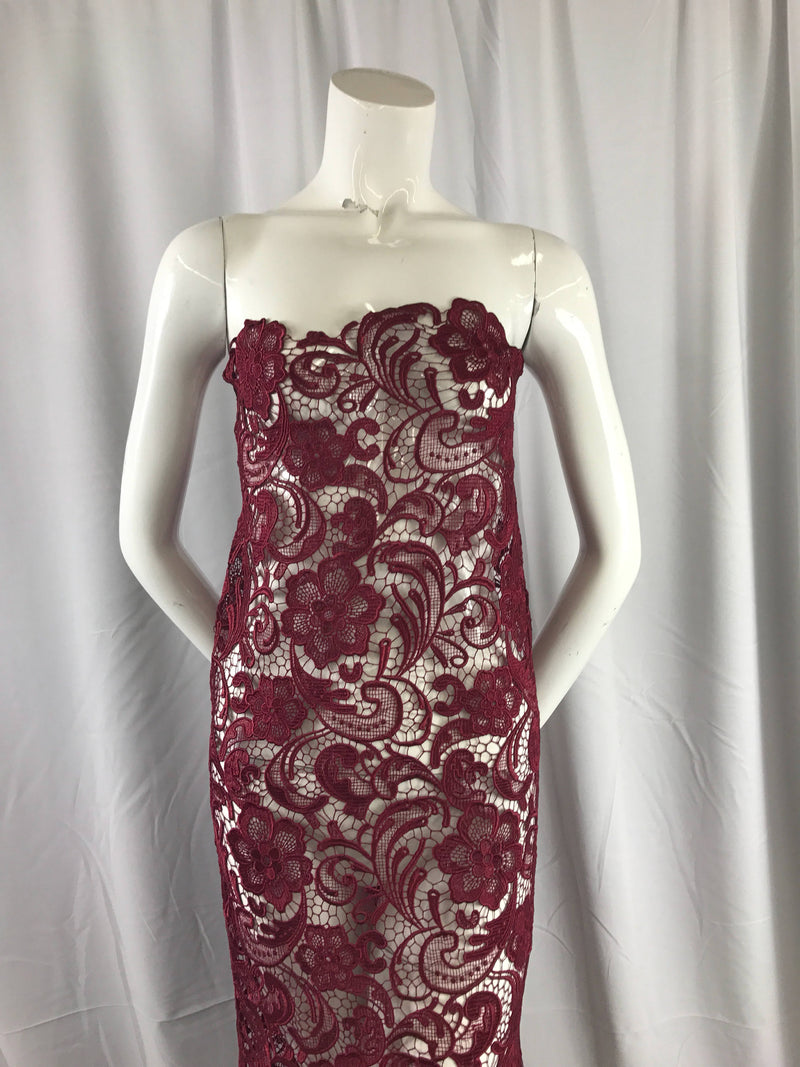 Burgundy flower guipure-chemical lace-apparel-fashion-decorations-dresses-nightgown-sold by the yard.