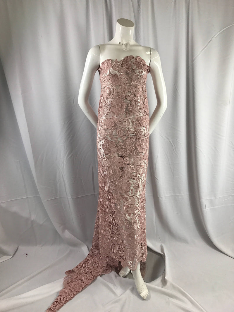 Blush pink flower guipure embroider lace. Prom/wedding/bridal/nightgown/tablecloths fabric-apparel-dresses-fashion-sold by the yard.