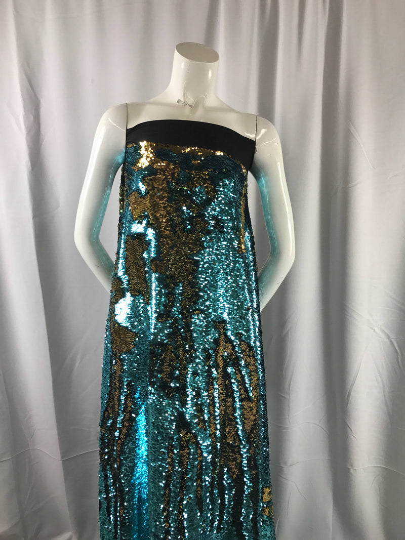 Turquoise-gold mermaid fish scales 2 way stretch lycra 2 tone flip flop shiny sequins-prom-nightgown-decorations-deesses-sold by yard