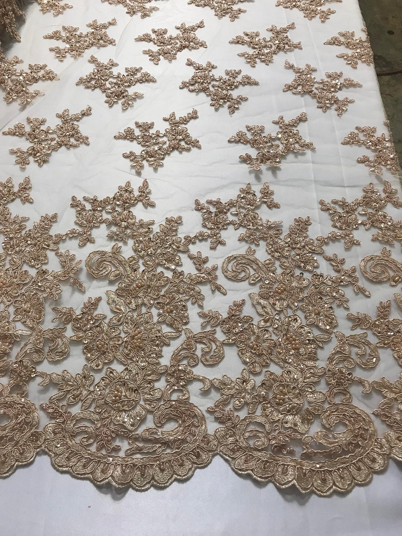 Champagne fashion floral design embroider with sequins and hand beaded on a mesh lace-dresses-fashion-decorations-prom-sold by yard.