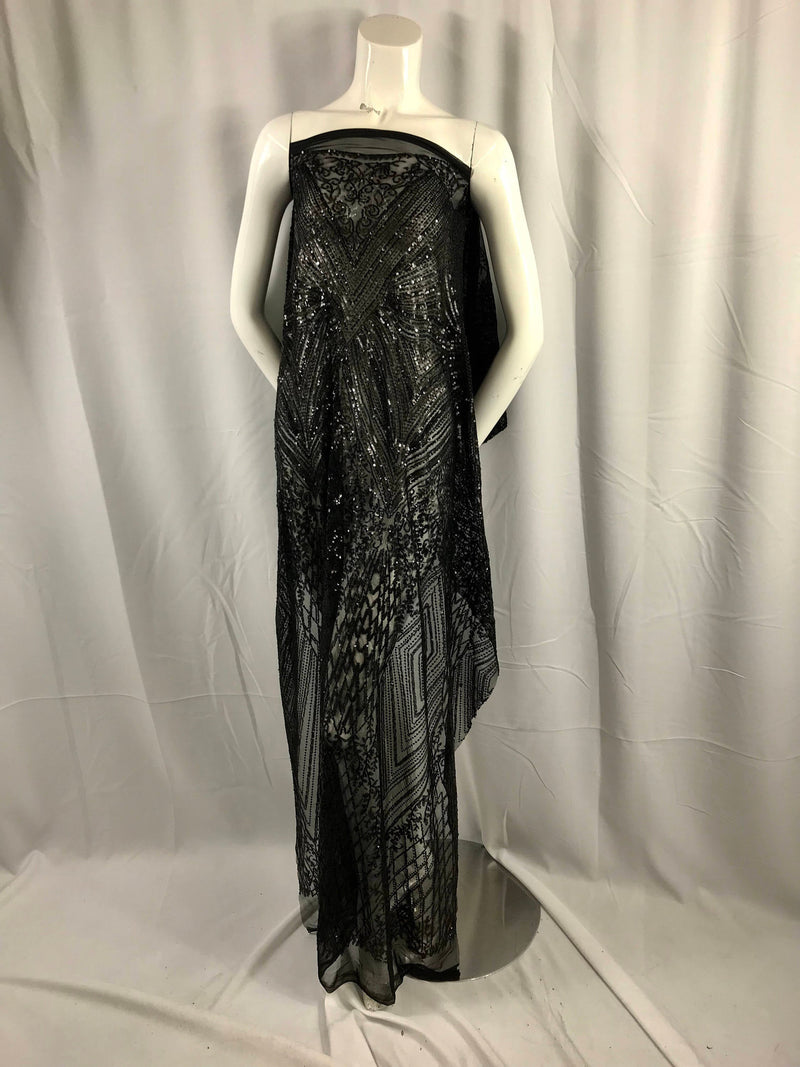 Black geometric diamond design embroider with sequins on a 2 way stretch mesh lace-dresses-fashion-nightgown-prom-sold by yard.