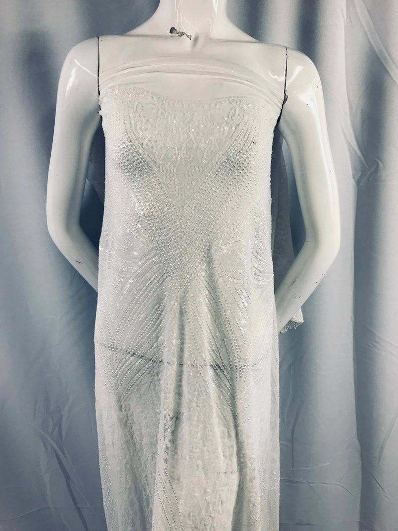 White geometric diamond design embroider with sequins on a 2 way stretch mesh lace-dresses-fashion-nightgown-prom-sold by yard.