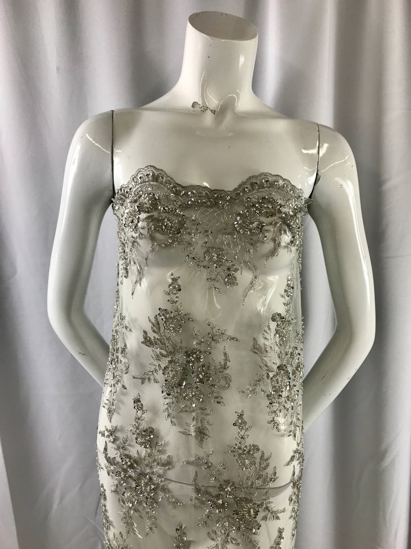 Silver flowers french design embroider and hand beaded a mesh lace-apparel-fashion-decorations-dresses-nightgown-Sold by the yard.