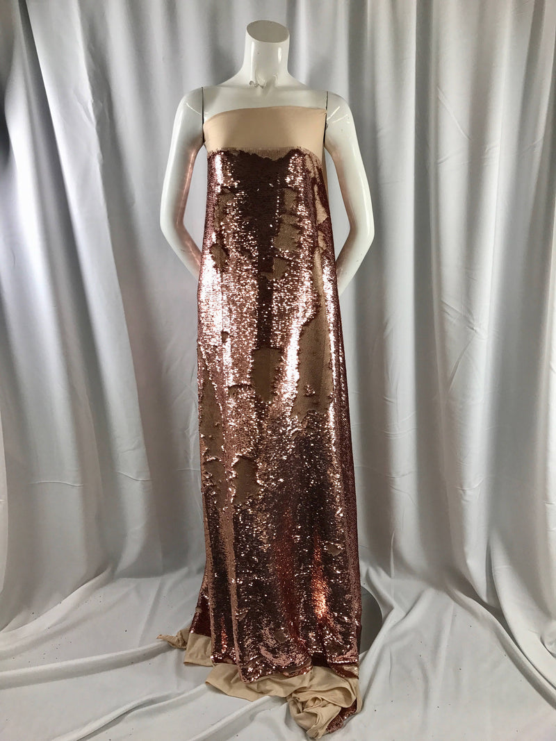Matte dusty rose / light gold mermaid fish scale 2 way stretch flip up sequins-apparel-decorations-fashion-dresses-sold by the yard.
