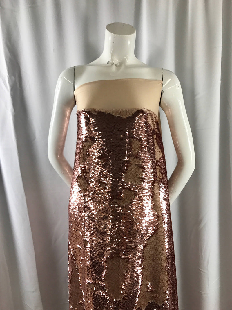 Matte dusty rose / light gold mermaid fish scale 2 way stretch flip up sequins-apparel-decorations-fashion-dresses-sold by the yard.