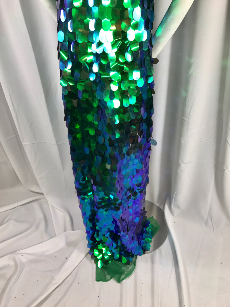 Green hologram iridescent mermaid fish scales on a green mesh-prom-decorations-dresses-sequins-nightgown-craft-sold by the yard.