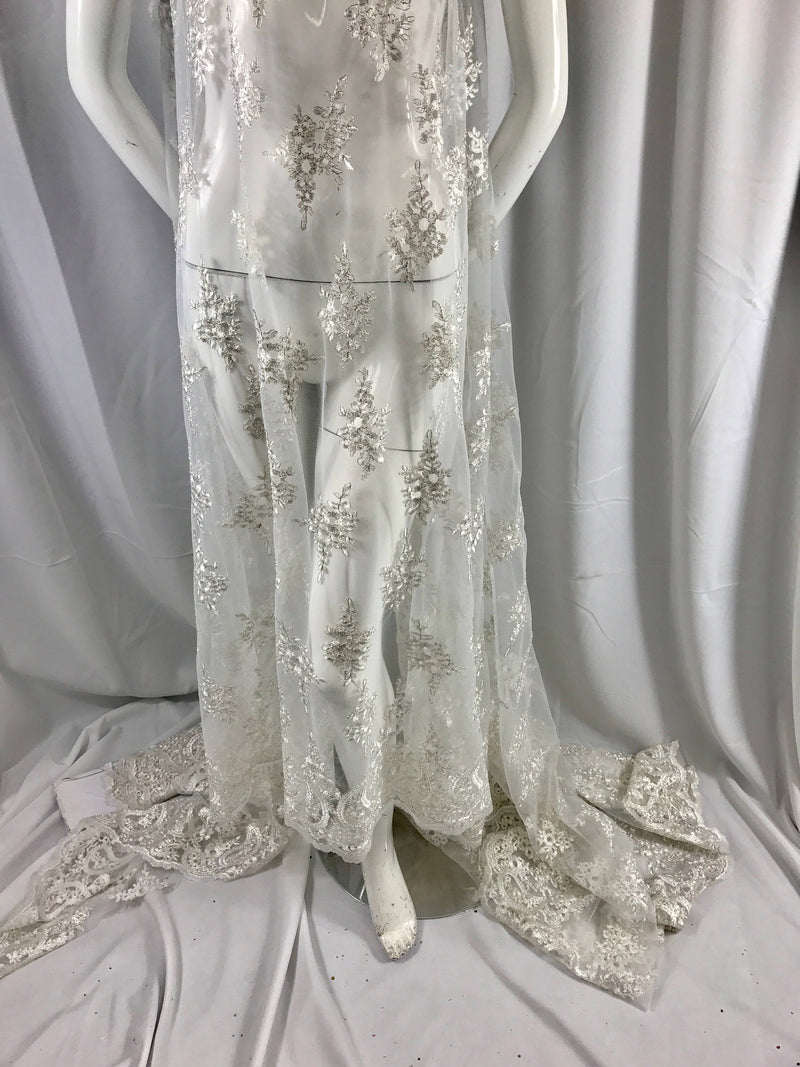Ivory paisley flower embroider and corded with metallic silver tread-wedding-bridal-prom-nightgown-decorations-dresses-Sold by the yard.