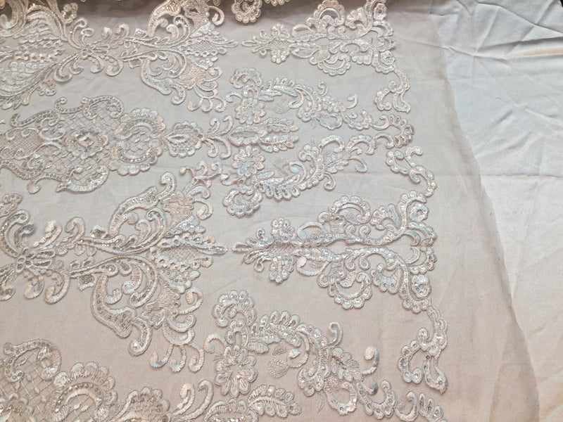 Ivory  damask pattern Embroidery with shiny sequins and Corded on a mesh lace-apparel-fashion-decorations-dresses-nightgown-sold by the yard