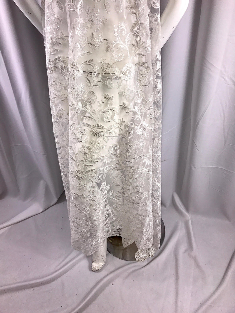 White corded flowers embroider with sequins on a mesh lace fabric-wedding-bridal-prom-nightgown-dresses-fashion-sold by the yard-