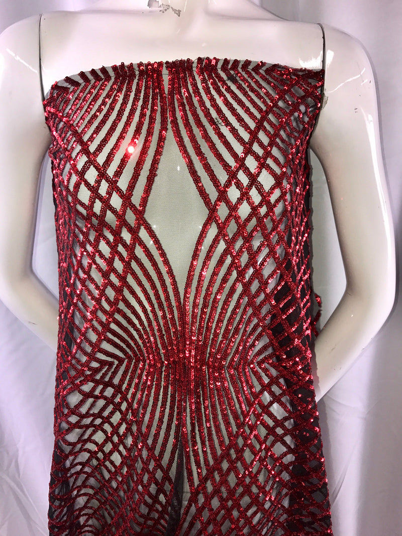 Red venom diamond web-embroider with sequins on a black mesh lace fabric- wedding-bridal-prom-dresses-nightgown fabric-sold by the yard.