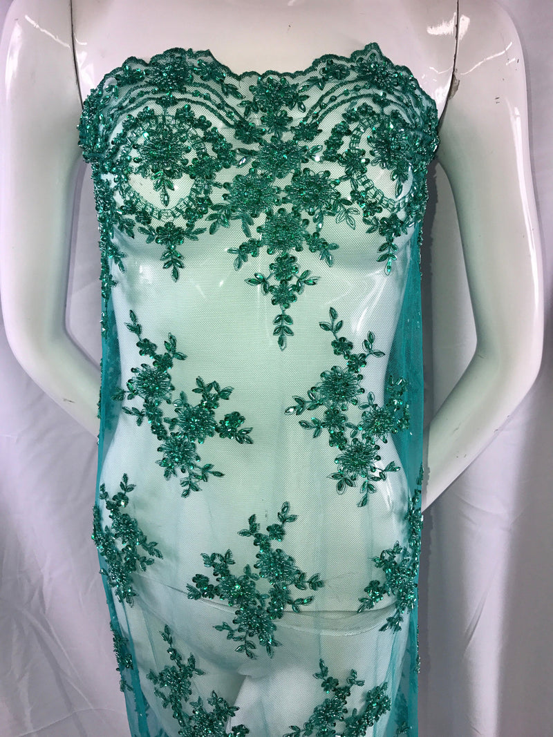 Luxurious jade French design embroider and beaded on a mesh lace. Wedding/bridal/Prom/Nightgown/fashion/dresses/decorations/sold by yard.