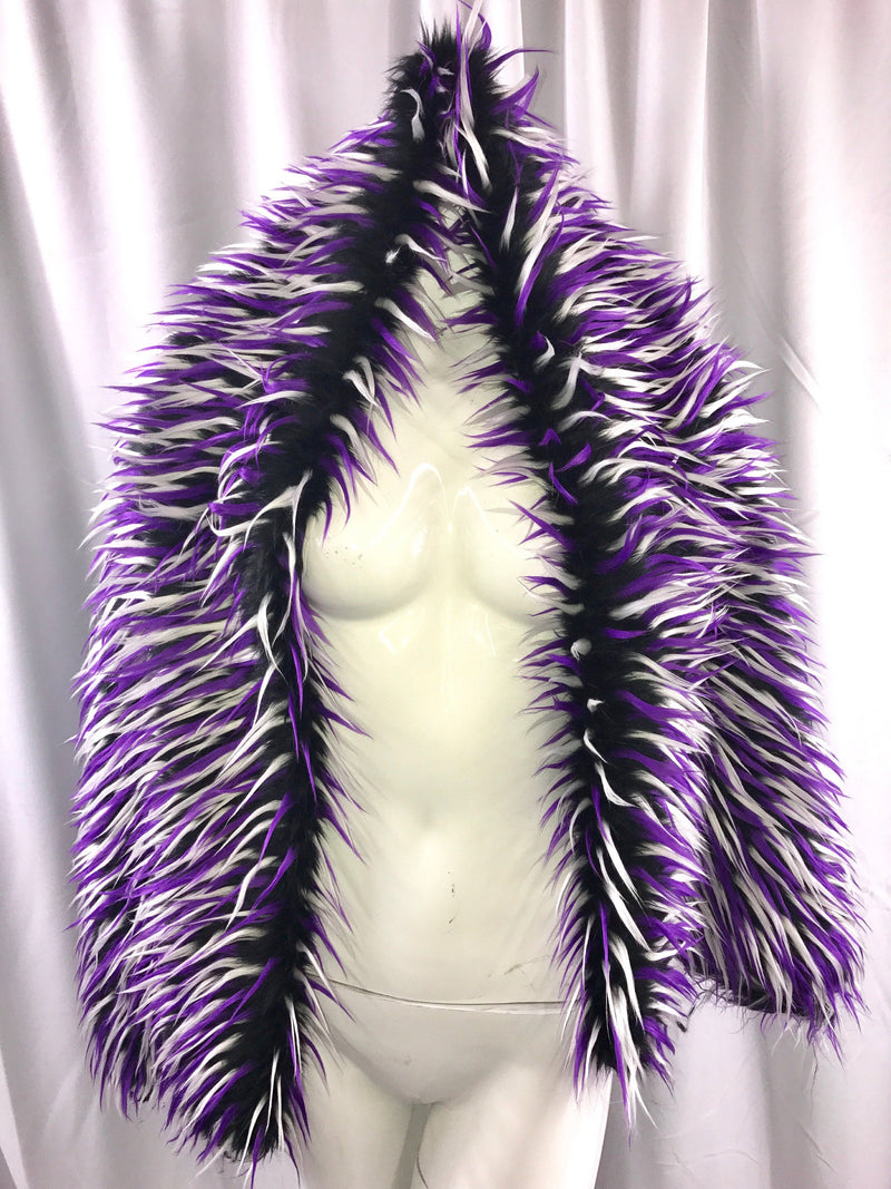 3 tone spikes faux fur- black/white/purple. Shaggy faux fur-fashion-jackets-apparel-decorations-throw blankets-sold by the yard.