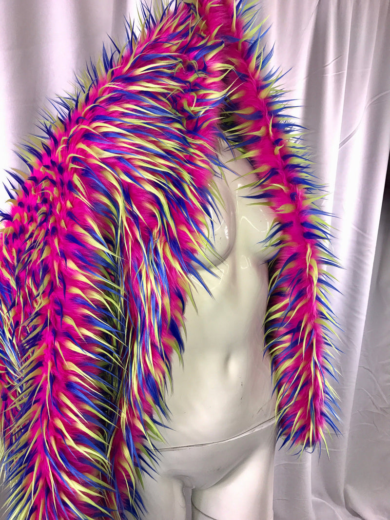 3 tone spikes faux fur- fuchsia/neon yellow/royal blue-Shaggy faux fur-fashion-decorations-apparel-throw blankets-sold by the yard.