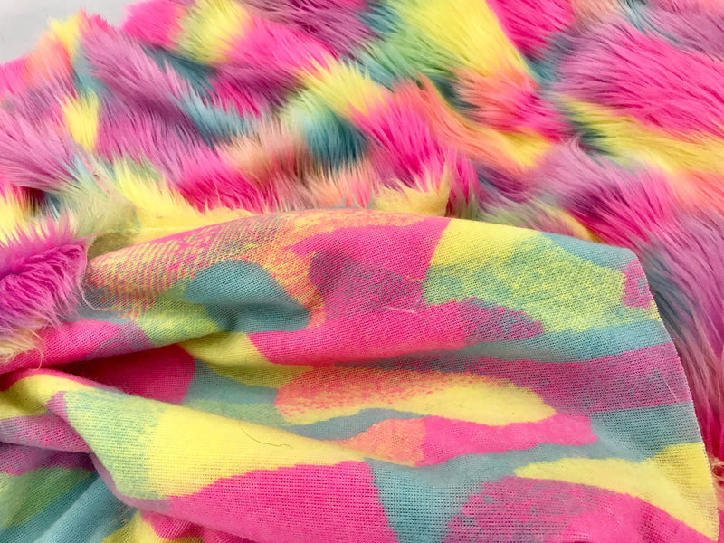 Fuchsia pink multi color tie dyed jacquard faux fun fur-super sofrt shaggy fur-60" wide-apparel-fashion-decorations-jackets-sold by the yard