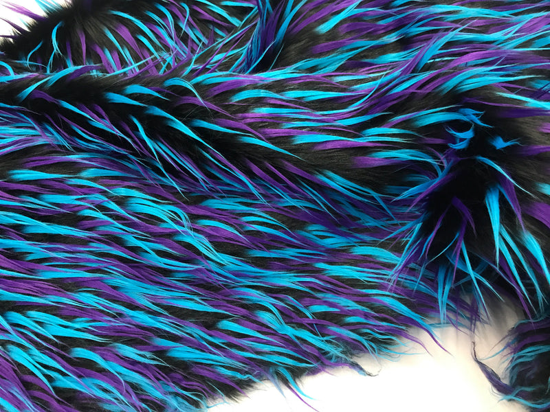 Black 3 tone multi color faux fun fur-turquoise-purple-shaggy polyster faux fur-jackets-fashion-apparel-decorations-sold by the yard.