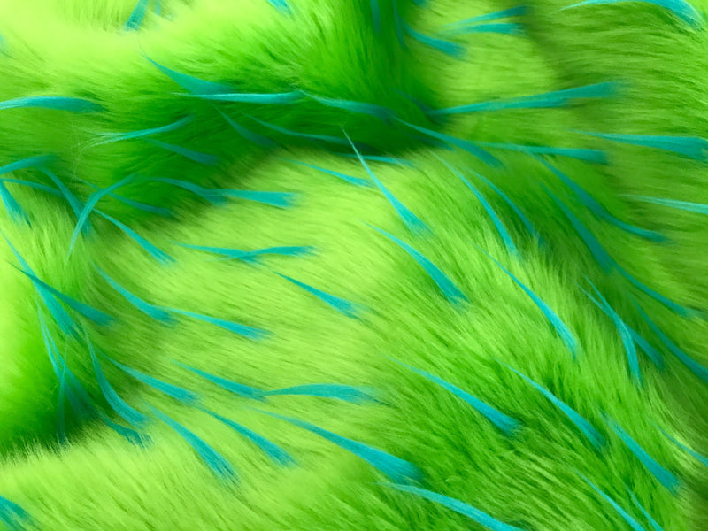 Turquoise spikes on a green faux fun fur-multi color-60" wide-fashion-decorations-jackets-apparel-upholstery-sold by the yard.