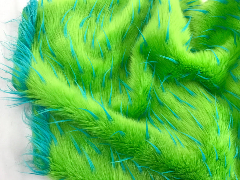 Turquoise spikes on a green faux fun fur-multi color-60" wide-fashion-decorations-jackets-apparel-upholstery-sold by the yard.