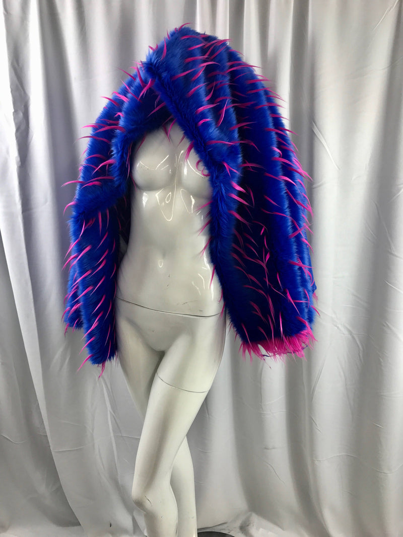 Fuchsia spikes on a royal blue multi color faux fun fur-60" wide-fashion-apparel-decorations-upholstery-jackets-sold by the yard.