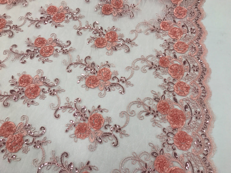 Blush peach  3d flowers embroider with sequins on a mesh lace fabric. Sold by the yard.