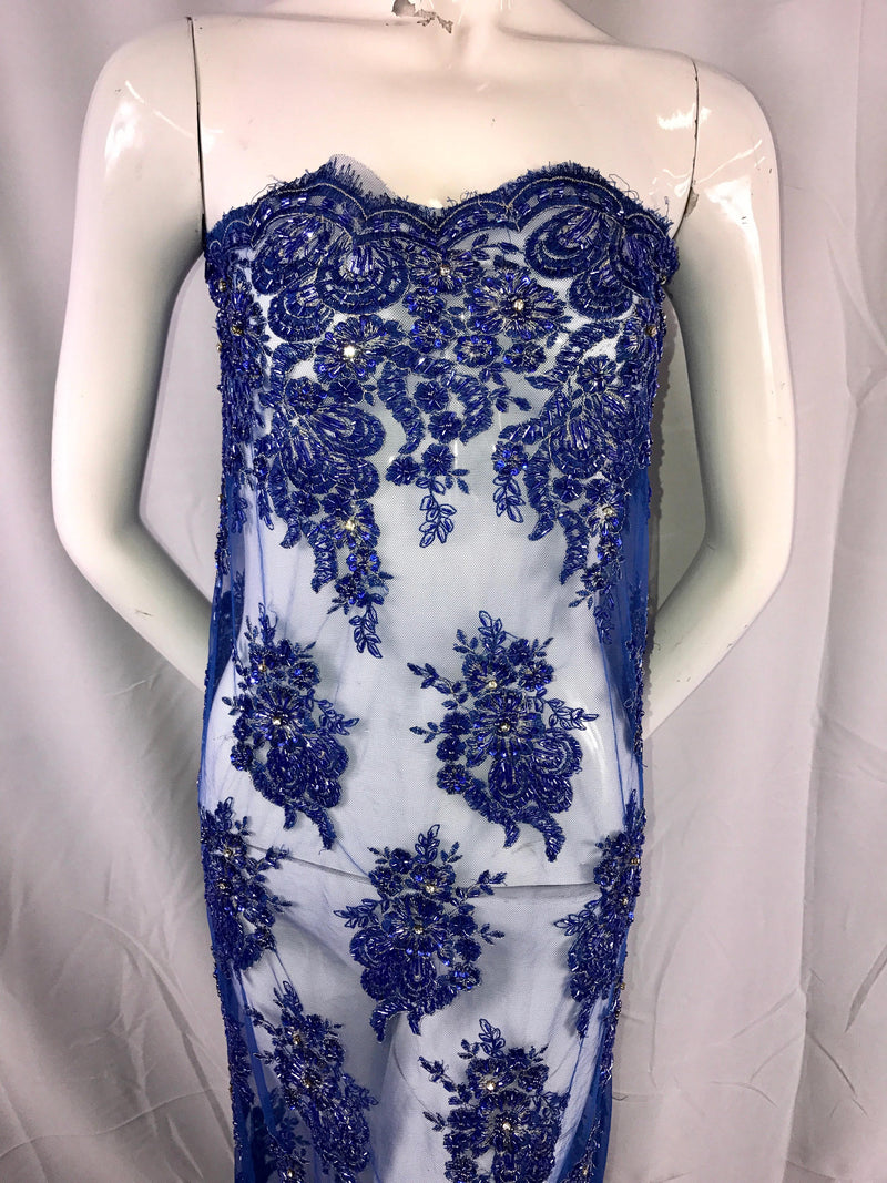 Royal blue flowers embroidsr and heavy beaded on a mesh lace fabric-dresses-fashion-decorations-nightgown-prom-sold by the yard.