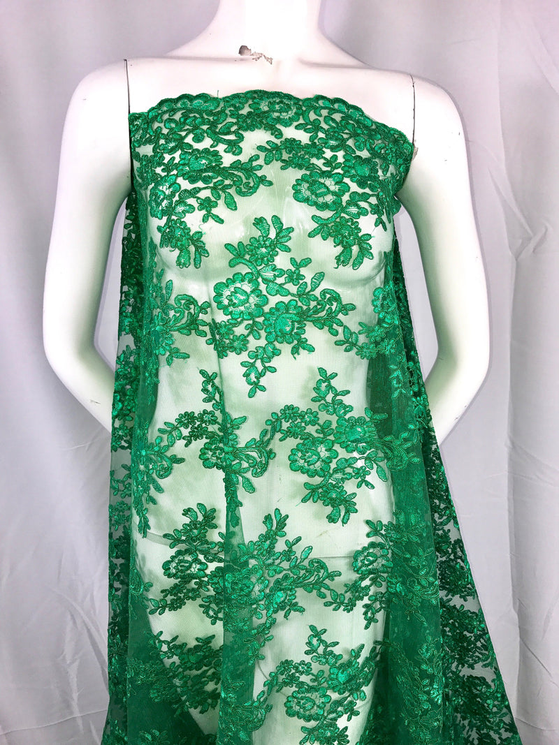 Green modern roses embroider and corded on a mesh lace-dresses-fashion-decorations-apparel-prom-nightgown-sold by the yard.