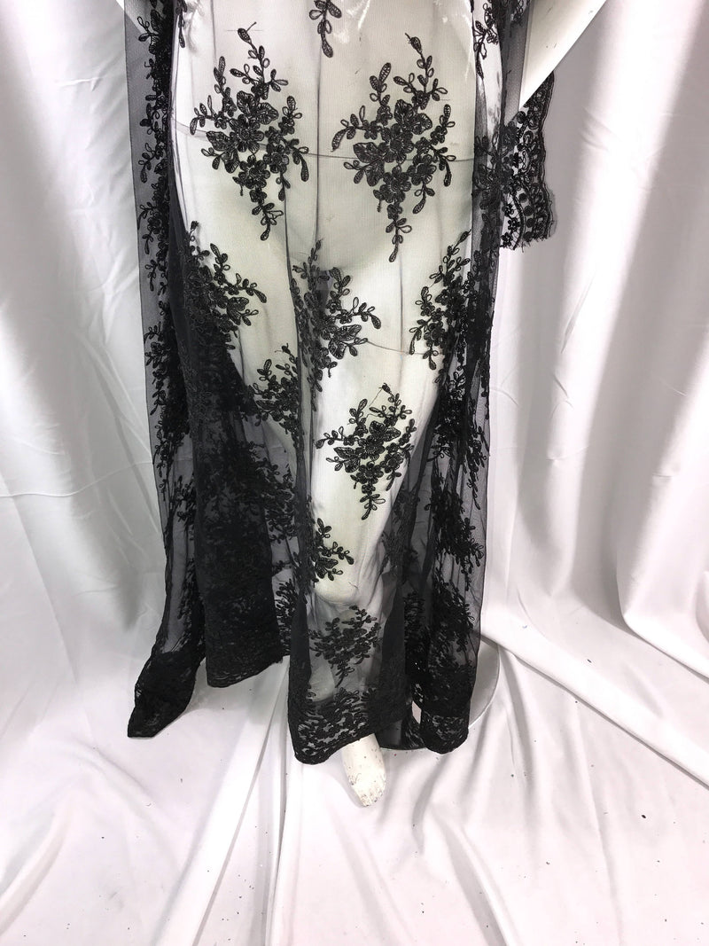 Black royal flowers embroider with sequins and corded on a mesh lace-dresses-fashion-decorations-prom-nightgown-sold by the yard.
