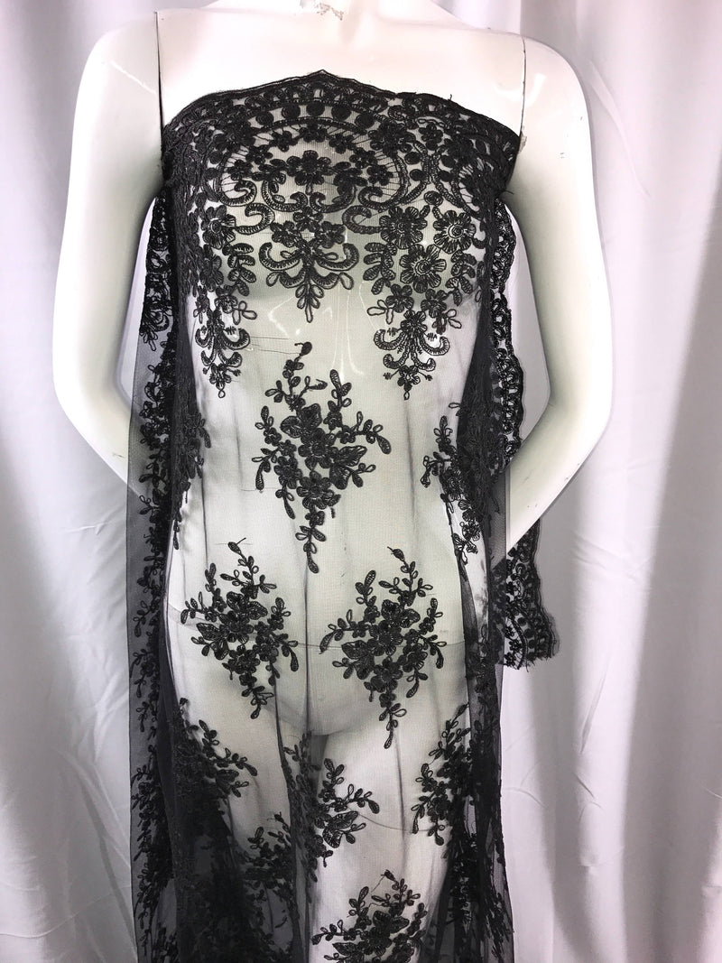 Black royal flowers embroider with sequins and corded on a mesh lace-dresses-fashion-decorations-prom-nightgown-sold by the yard.
