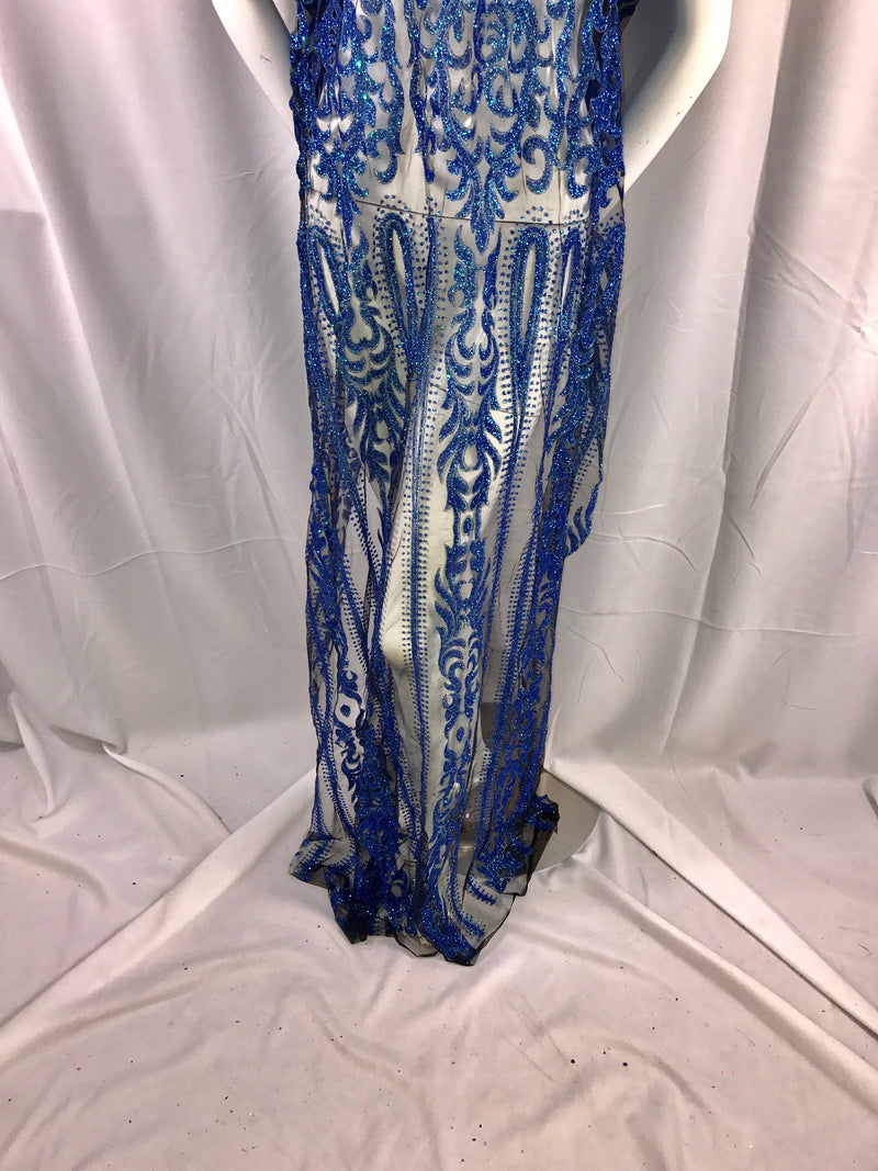 Royal blue Iridescent glitter damask design on a mesh lace-dresses-fashion-decorations-prom-nightgown-apparel-sold by the yard.