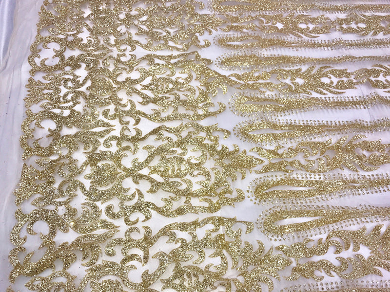 Gold shiny glitter damask design on a mesh lace-prom-decorations-apparel-fashion-nightgown-dresses-sold by the yard.