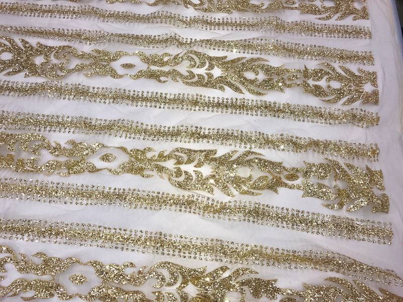 Gold shiny glitter damask design on a mesh lace-prom-decorations-apparel-fashion-nightgown-dresses-sold by the yard.