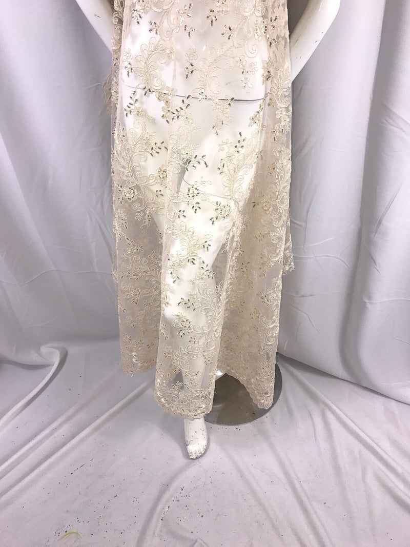 Dark ivory/beige corded french design-embroider with sequins on a mesh lace fabric-prom-nightgown-decorations-sold by the yard-