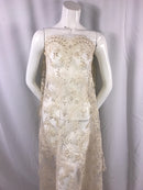 Dark ivory/beige corded french design-embroider with sequins on a mesh lace fabric-prom-nightgown-decorations-sold by the yard-
