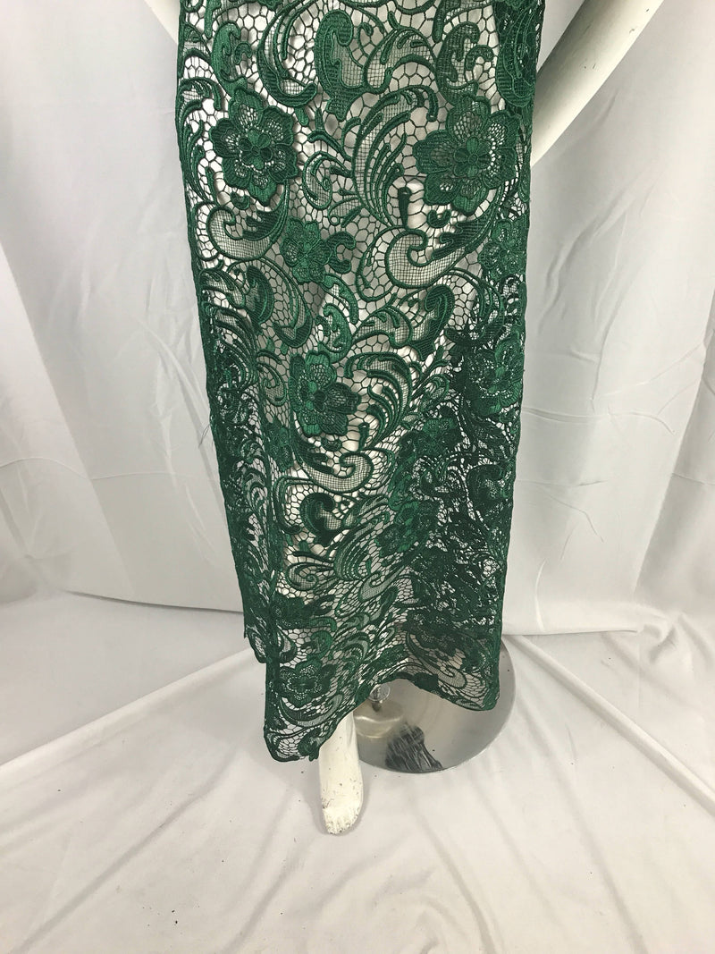 Hunter green floral guipure-chemical lace-dresses-fashion-apparel-nightgown-prom-decorations-sold by the yard.