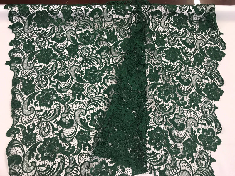 Hunter green floral guipure-chemical lace-dresses-fashion-apparel-nightgown-prom-decorations-sold by the yard.