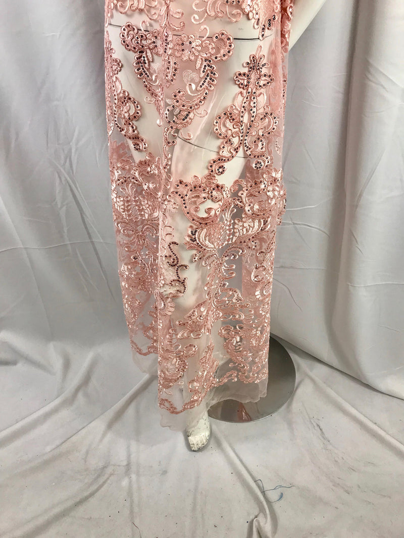 Pink damask pattern Embroidery with shiny sequins and Corded on a mesh lace-nightgown-apparel-fashion-decorations-dresses-sold by the yard.