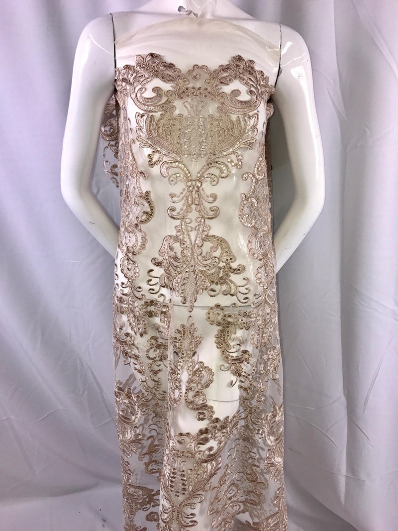 Taupe Damask pattern Embroidery with shiny sequins and Corded on a mesh lace-dresses-fashion-decorations-apparel nightgown-sold by the yard.