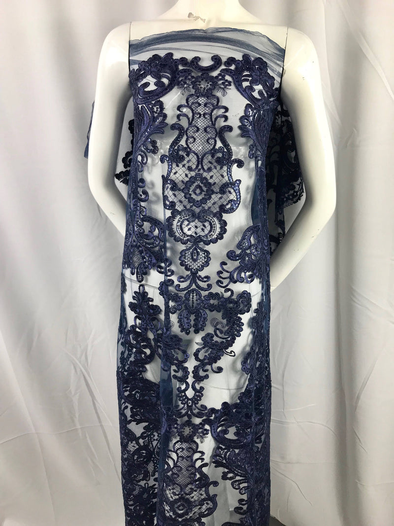 Navy Blue Damask pattern Embroidery With shiny sequins and Corded on a mesh lace-apparel-fashion-decorations-dresses-sold by the yard.