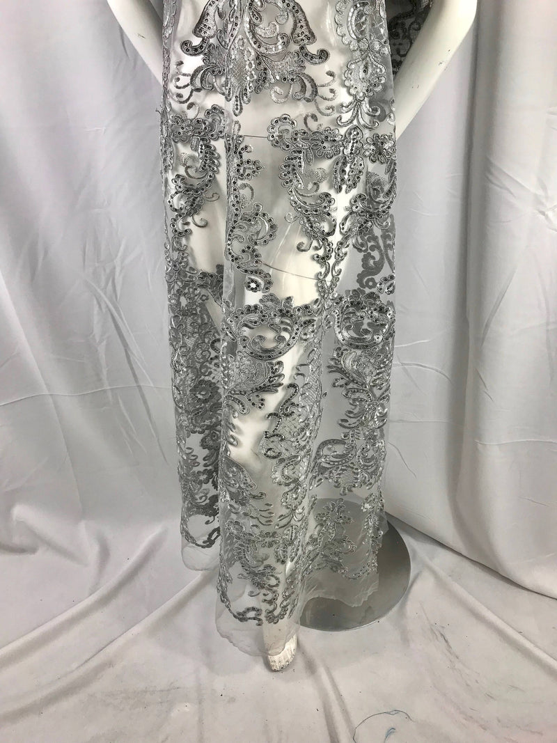 Gray damask pattern Embroidery with shiny sequins and Corded on a mesh lace-nightgown-fashion-apparel-decorations-sold by the yard.