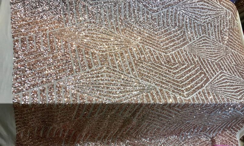 Rose gold geometric design embroider with sequin on a 4 way Stretch ivory power mesh-sold by yard.
