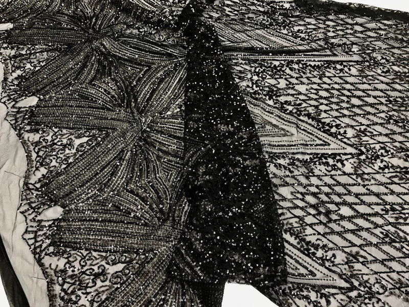 Black geometric diamond design embroider with sequins on a 2 way stretch mesh lace-dresses-fashion-nightgown-prom-sold by yard.