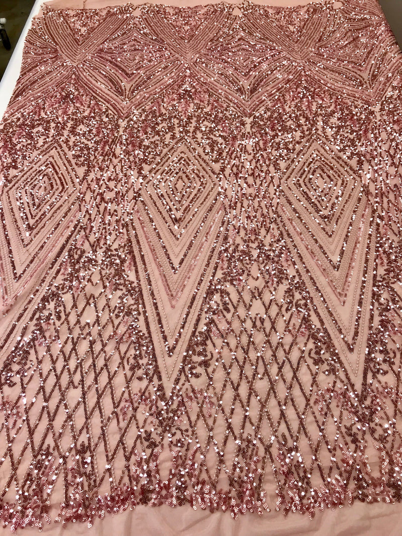 Dusty rose geometric diamond design embroider with sequins on a 2 way stretch mesh lace-dresses-fashion-nightgown-sold by yard.