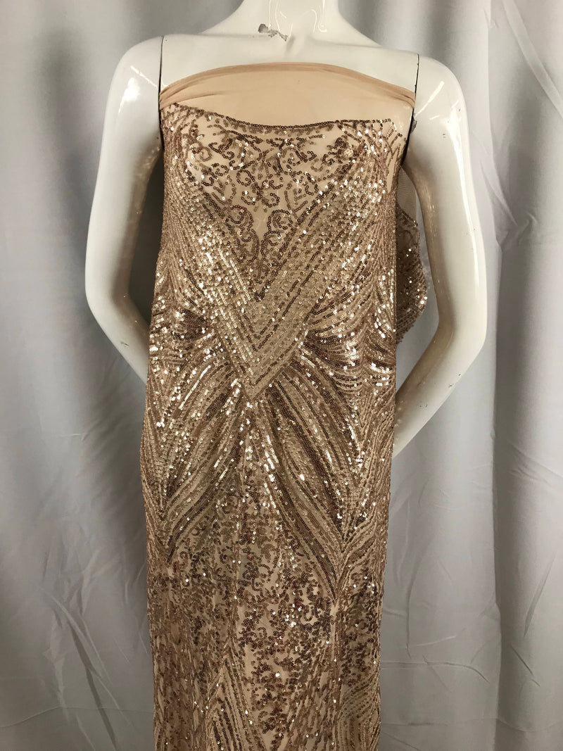 Champagne geometric diamond design embroider with sequins on a 2 way stretch mesh lace-dresses-fashion-nightgown-sold by yard.