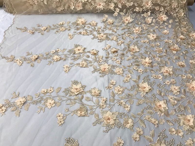 Champagne 3d floral princess design embroider with pearls on a mesh lace-sold by the yard