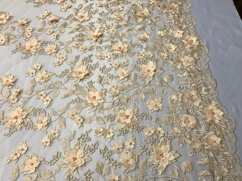 Champagne princess 3d floral design embroider and beaded with pearls on a mesh lace-prom-nightgown-dresses-fashion-apparel-sold by yard.