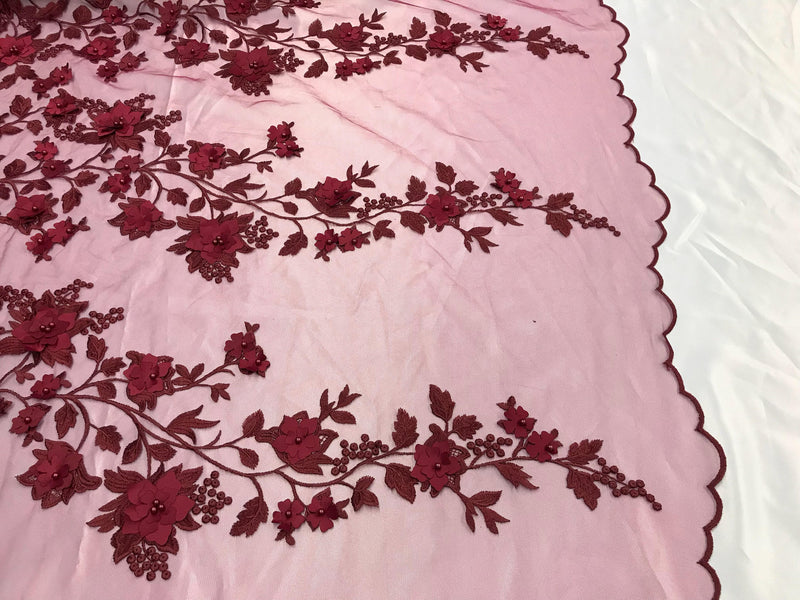 Burgundy princess 3d floral design embroider with pearls on a mesh lace-sold by the yard.